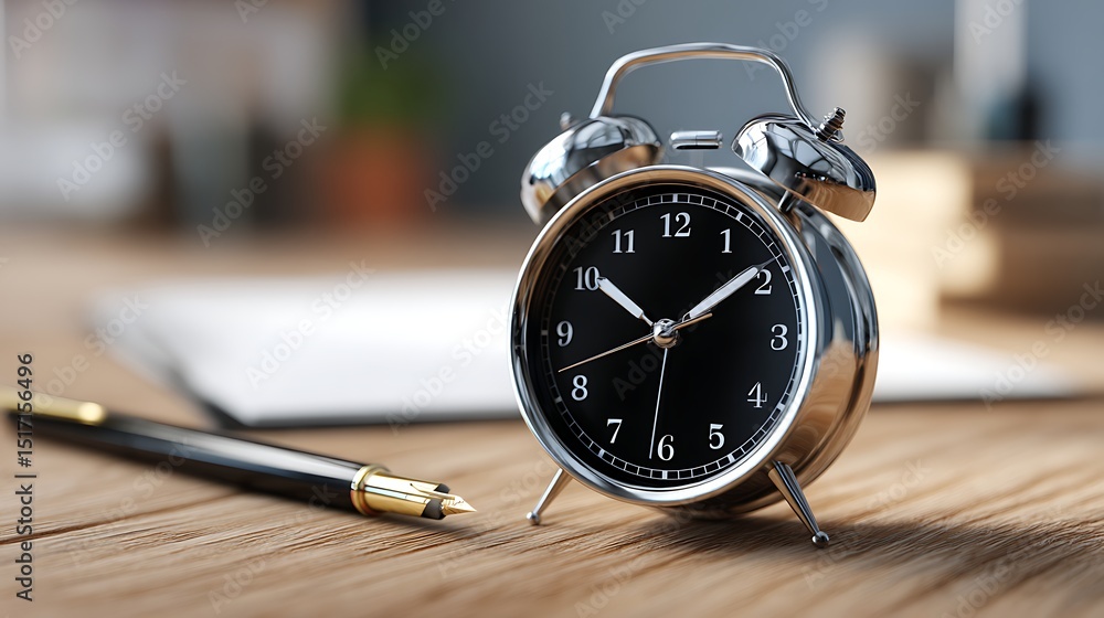 Poster photo of an alarm clock and pen on a desk, with plenty of space for your own notes and reminders wit