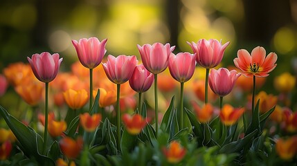 Vibrant pink and orange tulips in full bloom, standing tall in a lush garden setting