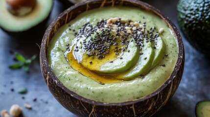 Close-up of a Healthy Avocado Smoothie Bowl in a Natural Coconut Shell Bowl