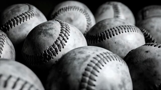 Close-up monochrome composition of multiple baseballs with stitched seams and textured surfaces, creating a sense of sports and nostalgia