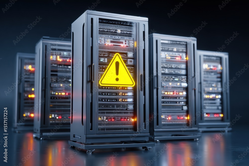 Fototapete warning lights illuminate unplugged server rack with open layout in data center displaying critical 