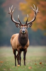 Fototapeta premium Proud red deer stag looks directly into camera front view. Majestic animal with massive antlers stands in autumn nature. Mammal with brown fur on meadow. Concept wildlife beauty.