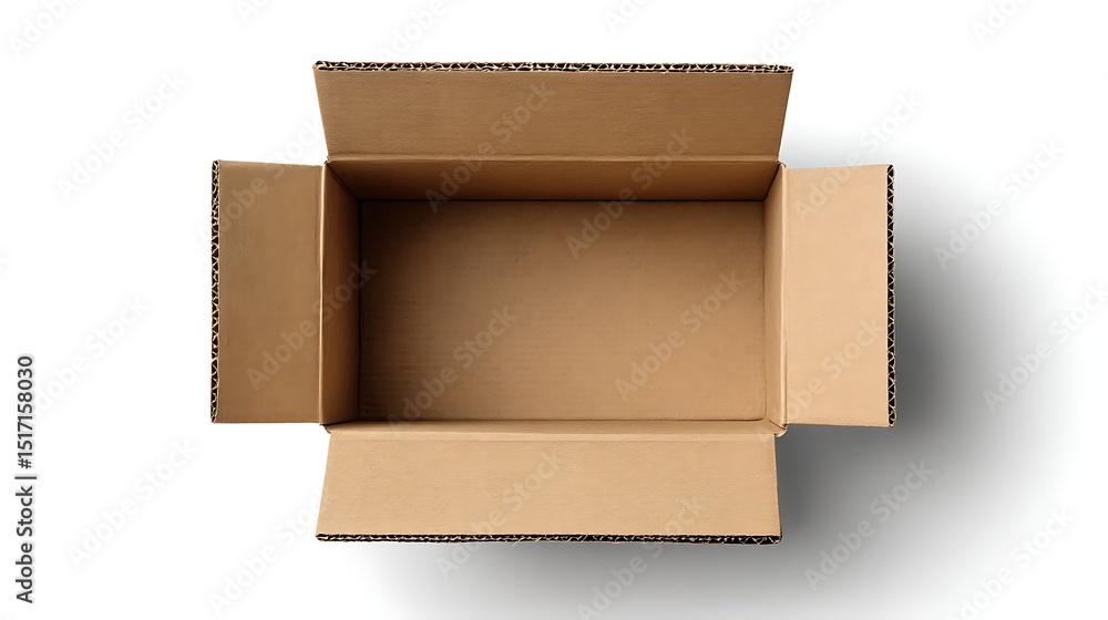 Poster top view open cardboard box on white background