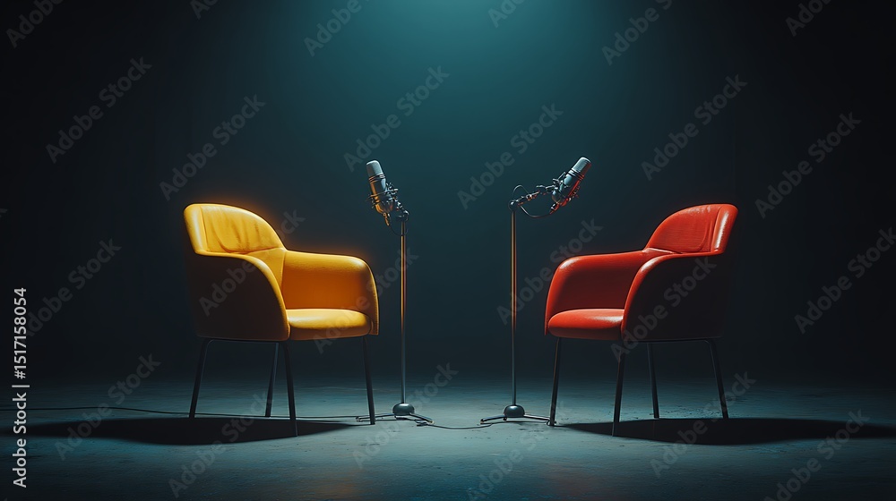 Aufkleber two chairs and microphones in podcast or interview room isolated on dark background as a wide banner