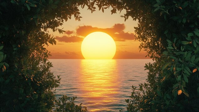Lush foliage frames a golden sunset over a tranquil ocean