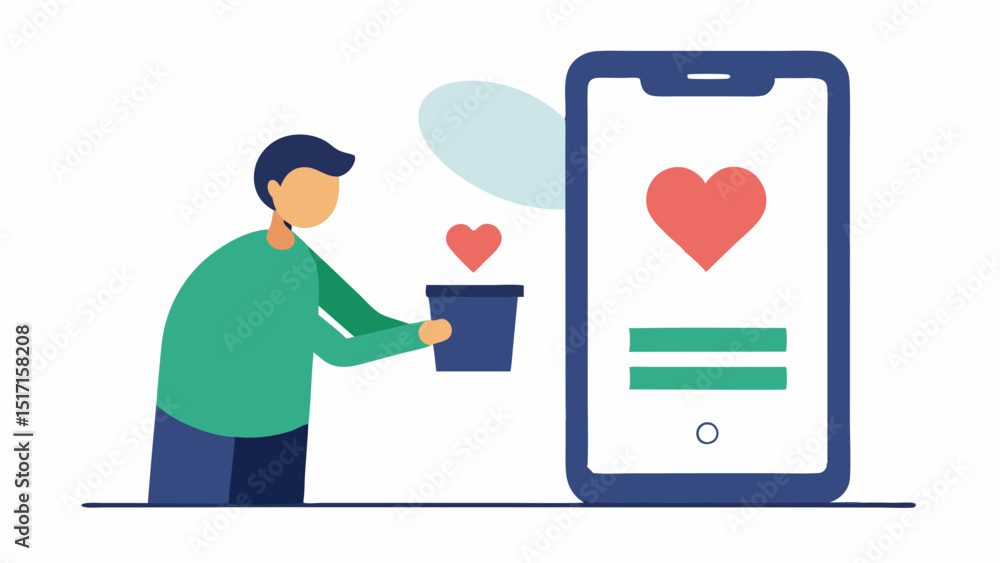 Poster charity donation via app a person donating to a charity using a mobile app with a heart symbol appea