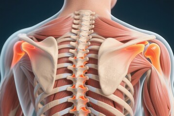 Fototapeta premium Anatomy of Shoulder: Explore the complex intricacies of the human shoulder, showcasing the skeletal structure and muscular system in vivid detail, highlighting areas of potential pain or injury.