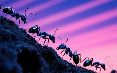 Marching Ants: An organized line of ants steadily ascends a dark slope against the backdrop of a vibrant, pastel-colored sky, evoking a sense of purpose and perseverance.