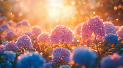 Vibrant sunset hydrangea field