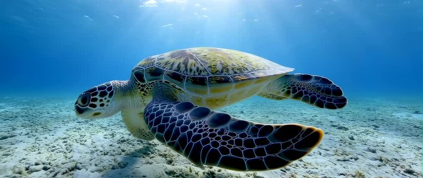 Anamorphic video turtle swimming under the ocean