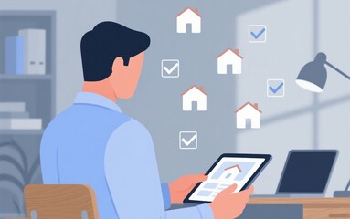 Real Estate Investment: A businessman is sitting at his desk, reviewing property listings on his tablet.