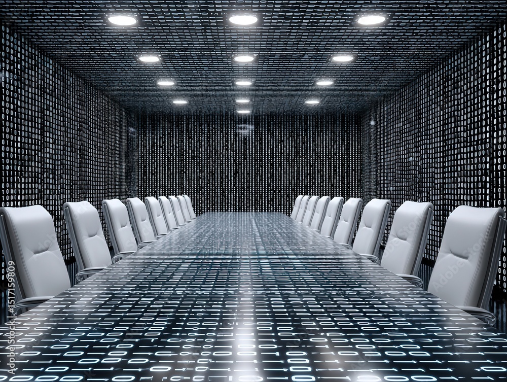 Poster modern conference room design featuring sleek white chairs and a digital backdrop filled with binary