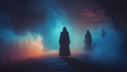 Two cloaked figures are seen walking on a misty path at night with eerie and atmospheric lighting.