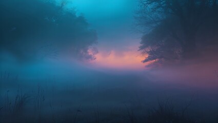 Beautiful misty sunrise landscape with trees, grass and stunning atmospheric colors.