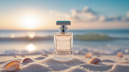 A perfume bottle sits gracefully on a beach with seashells, bathed in the golden light of sunset.
