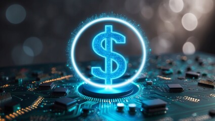 A vibrant dollar sign, illuminated, floats over a detailed circuit board, suggesting digital wealth.