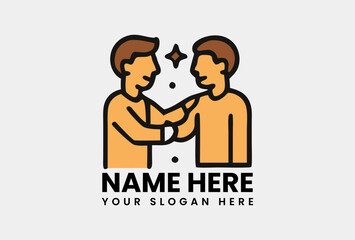 Illustrative colored icon of two colleagues interacting with a supportive gesture and sparkling highlights. Business concept