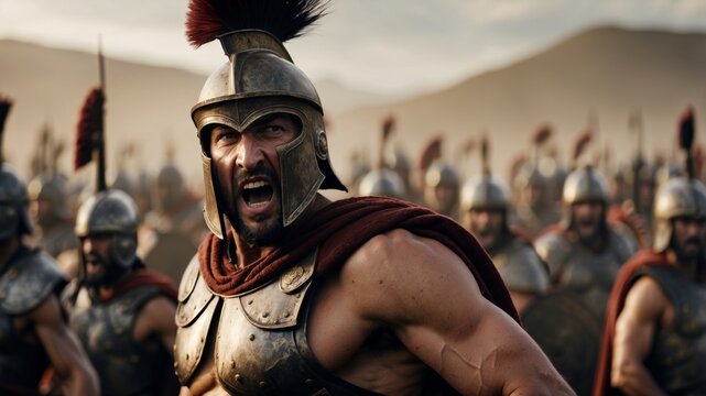 A screaming spartan warrior in full armor leads his army into battle.