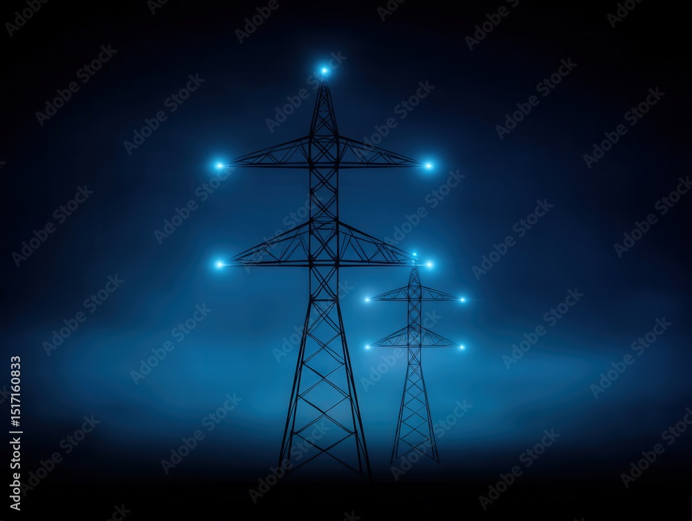 Poster high voltage power lines illuminated against a dramatic blue background creating a striking technolo