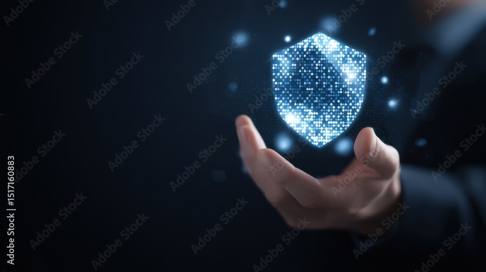 Poster hand holding digital shield offering comprehensive tech security solutions a secure digital privacy 