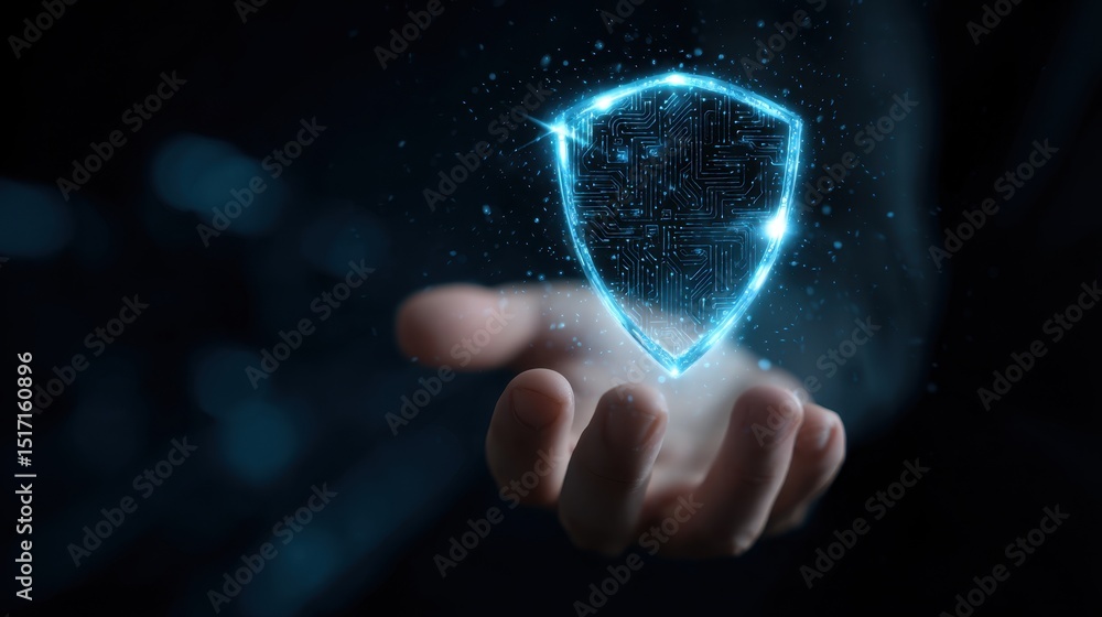 Poster digital protection concept hand holding the blue shield security solution for data and information s