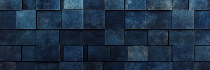 A detailed view of a wall or surface composed of many square blocks, in various shades of deep blue, creating a textured pattern