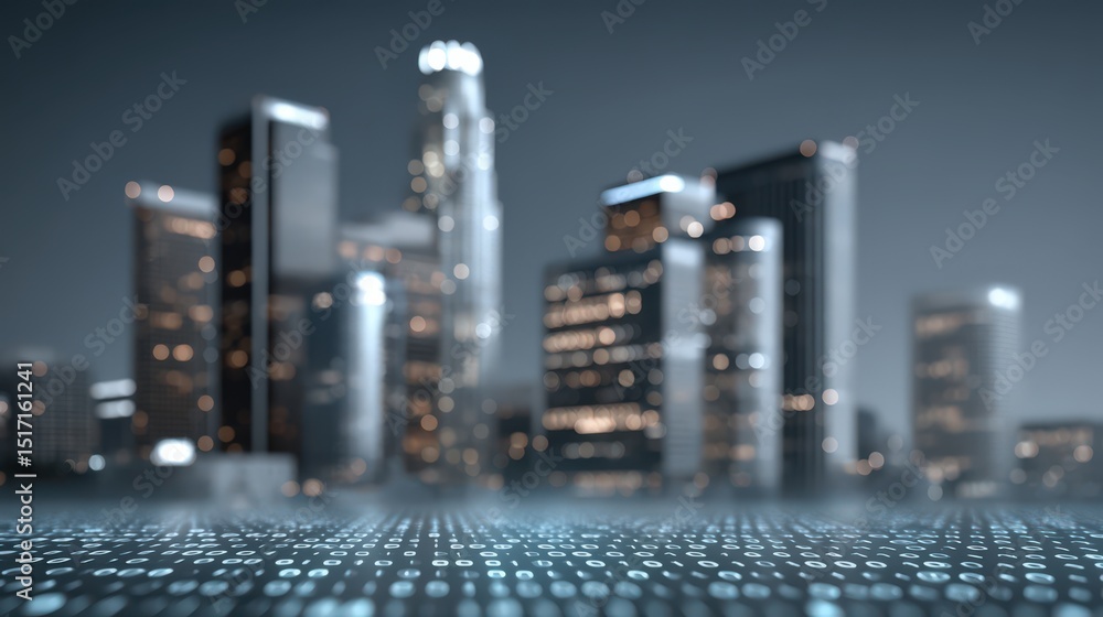 Poster city skyline at night with binary code overlay representing digital connectivity and urban innovatio
