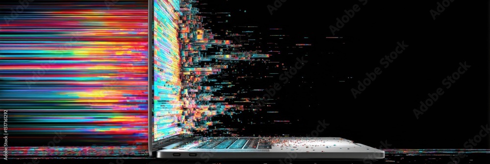 Poster laptop screen experiencing a dramatic glitch effect as it appears to tear apart with vibrant colors 