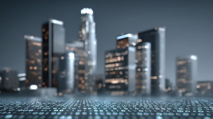 City skyline at night with binary code overlay representing digital connectivity and urban innovation showcasing the intersection of technology and modern architecture