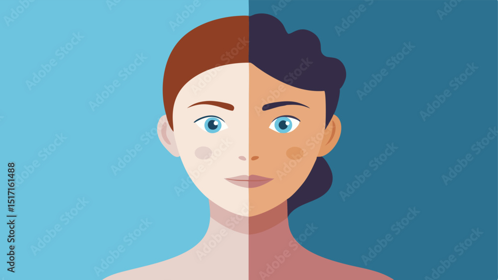 Poster before after nanotech a splitface illustration showing the left side with dull skin and the right si