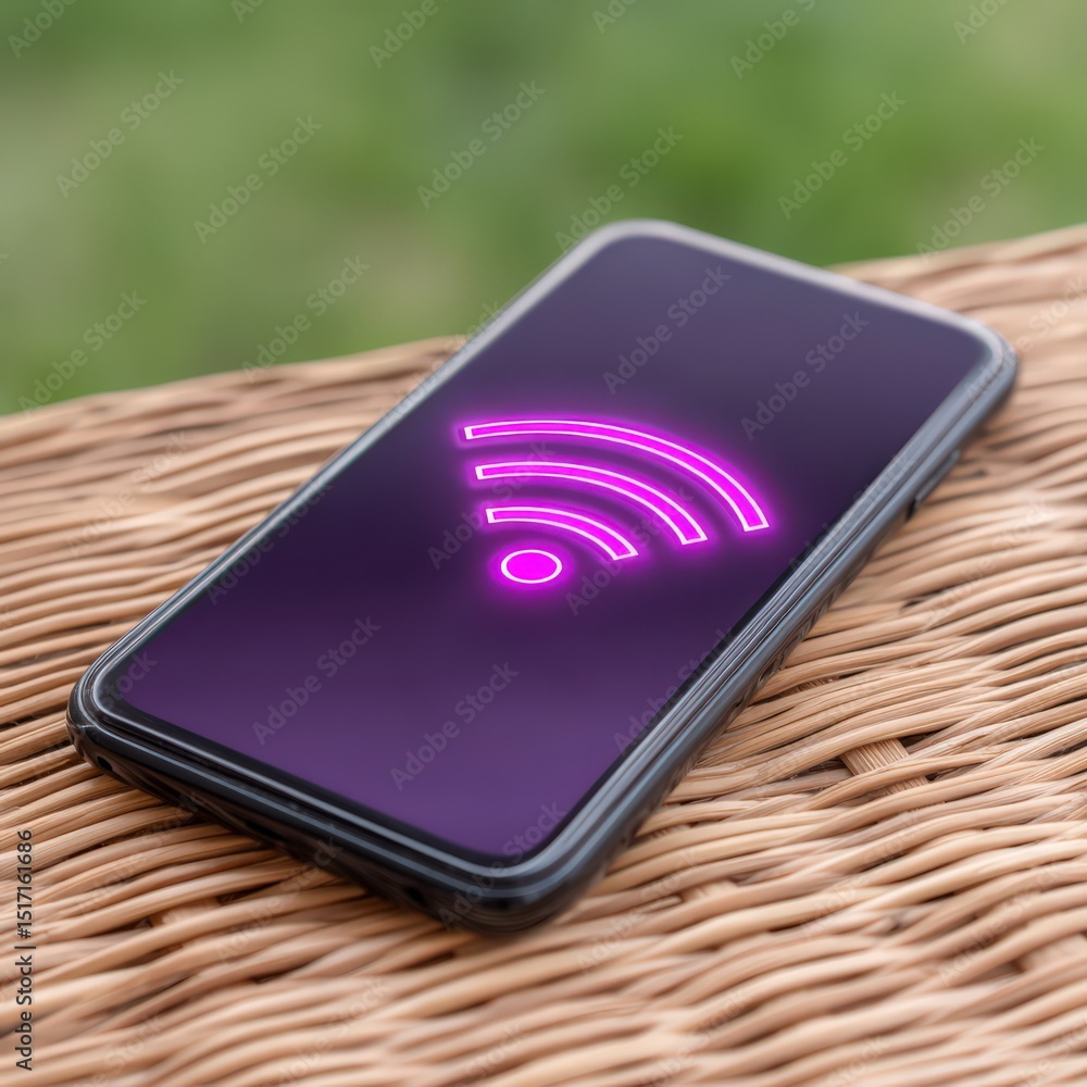 Poster modern smartphone displaying glowing wifi signal icon on a wooden surface reflecting digital connect
