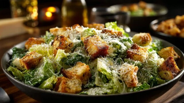 Caesar salad with croutons and grated parmesan cheese in a dark bowl under warm lighting