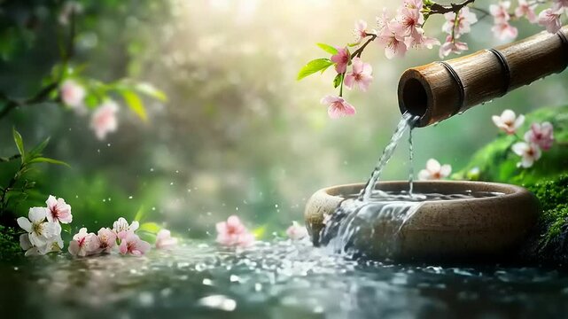 Zen garden water feature with bamboo and blossoms