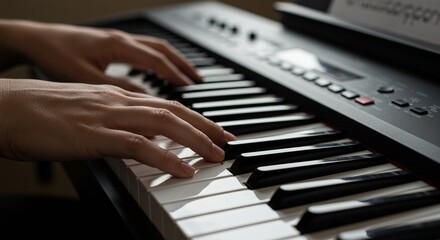 Obraz premium Close-up of musician's hands playing classical piano keys with artistic flair and sound