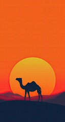Silhouette of a camel at sunset over a desert