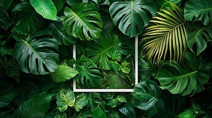 White frame amid vibrant tropical leaves