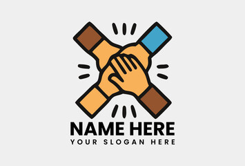 Illustrative colored icon of multiple diverse hands interlocked, symbolizing strong team collaboration. Teamwork concept