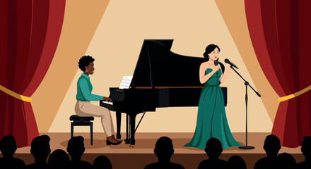 Woman singing with pianist on stage in elegant green dress concert scene 