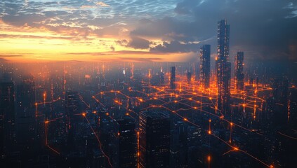 Fototapeta premium Futuristic cityscape at sunset, glowing network