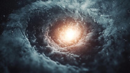 A swirling nebula, with a bright, central light source,  fills the frame.  Cosmic clouds of gray and blue swirl around a luminous core.  Stars are scattered throughout the image