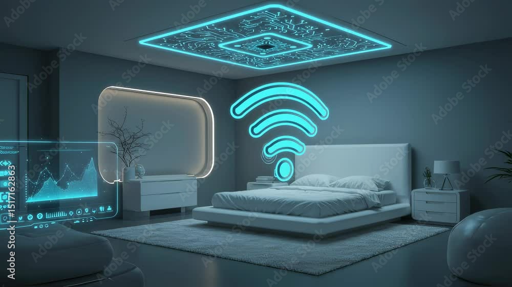 Poster smart home bedroom with virtual display showing climate data and ai control system. futuristic techn