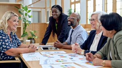 Diverse intergenerational business team of women and men collaborating on project, analyzing financial charts and graphs, discussing financial strategy and sharing ideas during meeting at work - Powered by Adobe