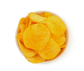 Tasty ridged chips in bowl isolated on white, top view