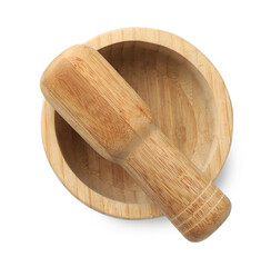 Wooden mortar with pestle isolated on white, top view