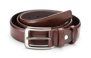 One brown leather belt isolated on white