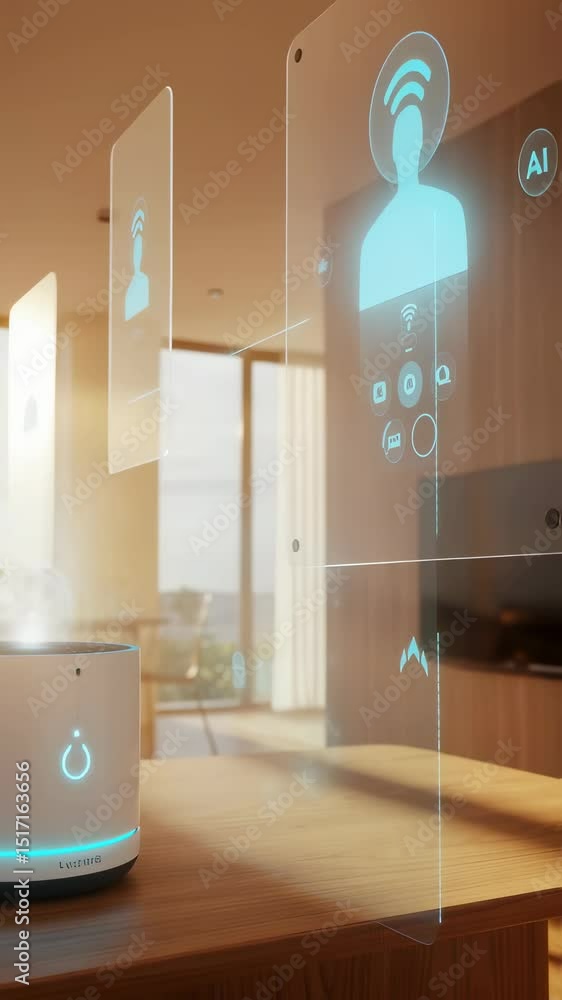 Poster smart home speaker and virtual screens showing smart house operating system and artificial intellige
