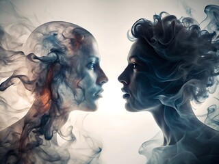 Surreal Smoke Faces Conceptual Abstract Art of Human Emotions in Vapor Form Horizontal Compositio