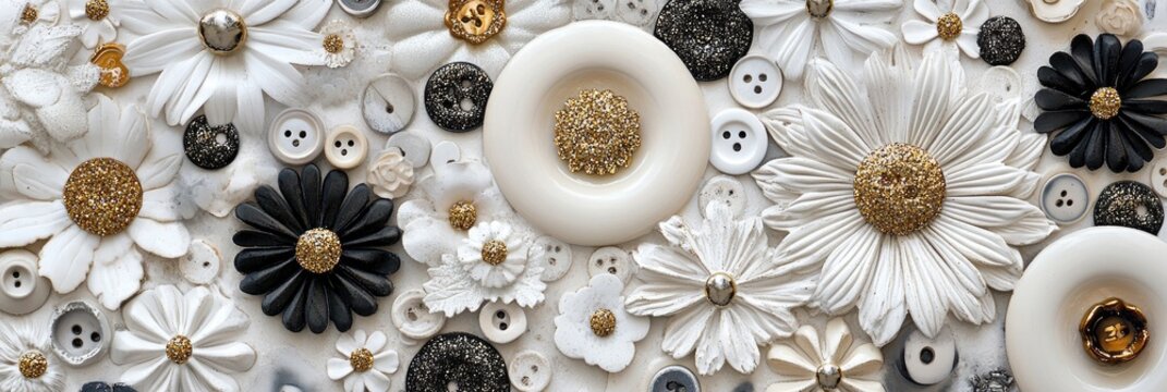 A decorative collage featuring white, black, and gold daisy flowers and buttons