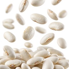 Falling white Kidney beans, isolated on white background, clipping path, full depth of field