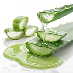 Green gel flowing with aloe-vera slices isolated on white background with clipping path